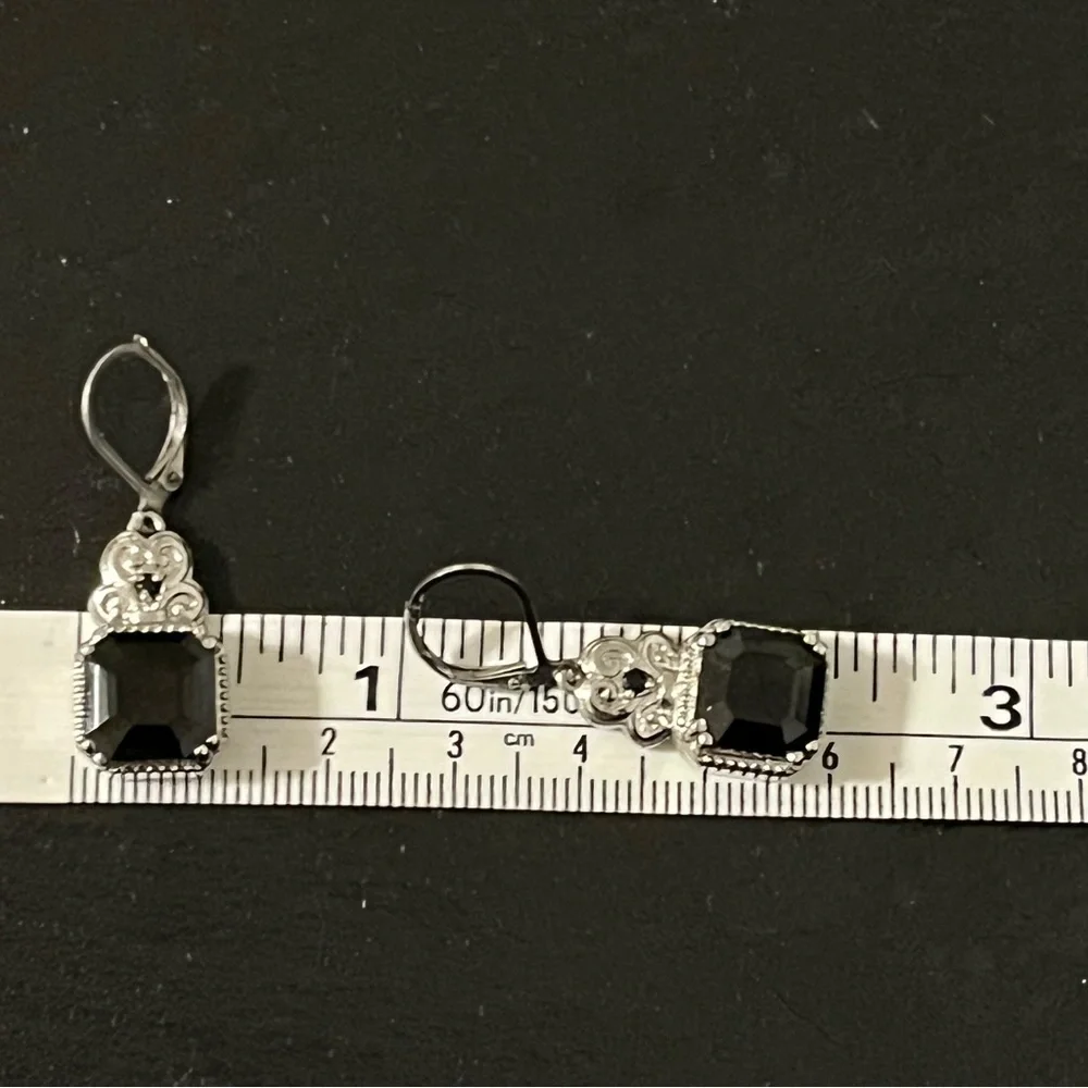 Black Princess Cut Onyx Scroll Detail Earrings Marked 316 SS Lever Back Hooks
